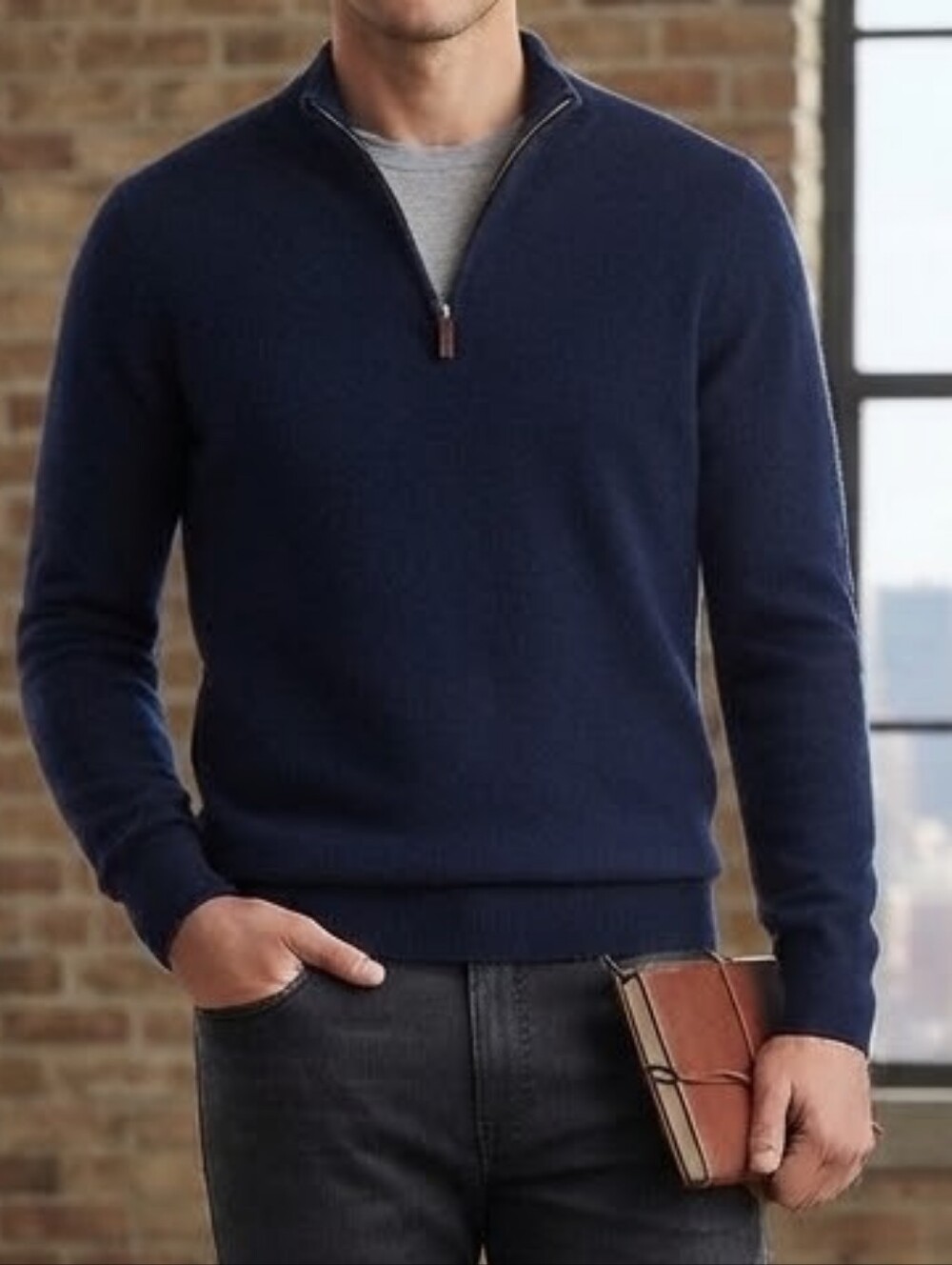 Davis & Squire Men's Navy Blue 1/4-Zip 100% Merino Wool Mock Neck Sweater Medium